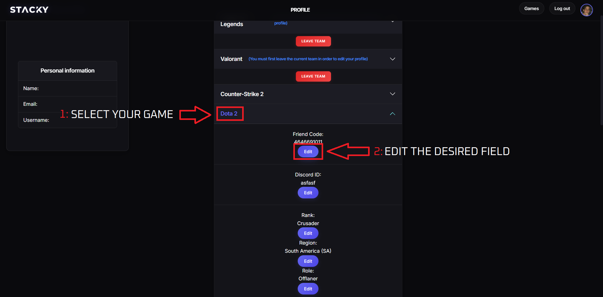 Edit my game profile step 2